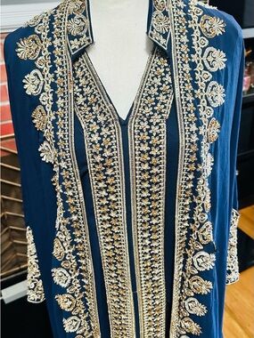 Embroidered Navy Maxi Dress with Gold Accents